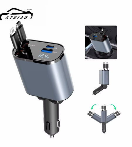 2024 New Retractable Car Charger 120W Fast Charger 4-In-1 Fast Charging Car Phone Charger 2 USB Ports Car Charger Adapter