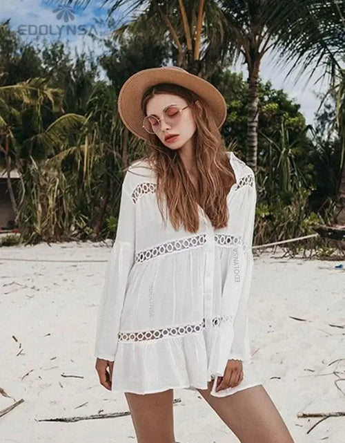 Load image into Gallery viewer, Women Swimsuit Cover Ups Mandarin Sleeve Kaftan Beach Tunic Dress Robe De Plage Solid White Pareo Beach Cover-Ups #Q429
