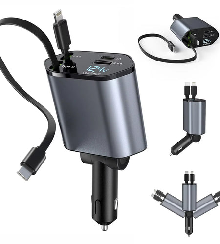 Retractable Car Charger, 4 in 1 Fast Charging Car Charger 120W, Retractable Cable and 2 USB Ports Car Charger Adapter Compatible