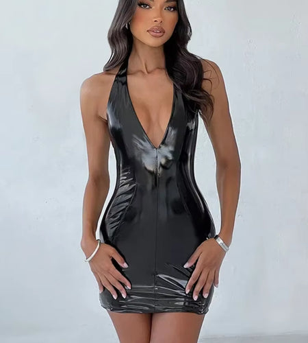 Sexy Slim Short Streetwear Women Clothing Fashions One-Piece V-Neck Sleeveless Dress for Women Colour PU Neck-Mounted Dresses