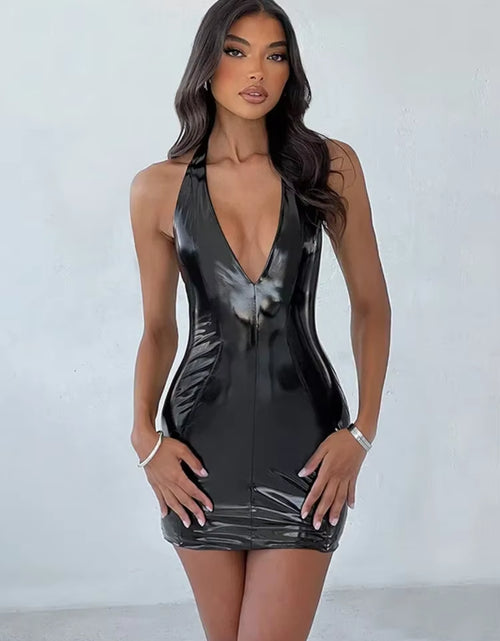 Load image into Gallery viewer, Sexy Slim Short Streetwear Women Clothing Fashions One-Piece V-Neck Sleeveless Dress for Women Colour PU Neck-Mounted Dresses
