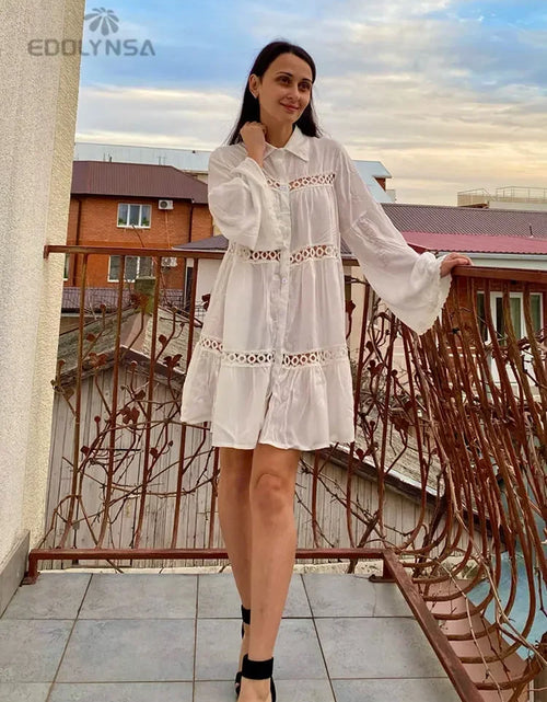 Load image into Gallery viewer, Women Swimsuit Cover Ups Mandarin Sleeve Kaftan Beach Tunic Dress Robe De Plage Solid White Pareo Beach Cover-Ups #Q429
