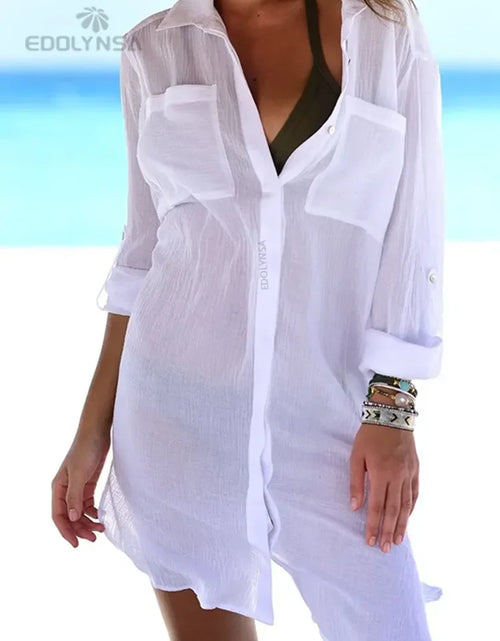 Load image into Gallery viewer, Women Swimsuit Cover Ups Mandarin Sleeve Kaftan Beach Tunic Dress Robe De Plage Solid White Pareo Beach Cover-Ups #Q429
