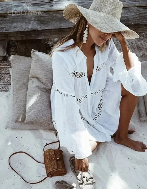 Load image into Gallery viewer, Women Swimsuit Cover Ups Mandarin Sleeve Kaftan Beach Tunic Dress Robe De Plage Solid White Pareo Beach Cover-Ups #Q429
